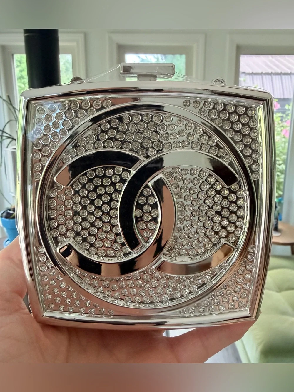 SEALED Source Unknown Silver Chanel Crystal Inset Perfume Bottle Clutch on Chain